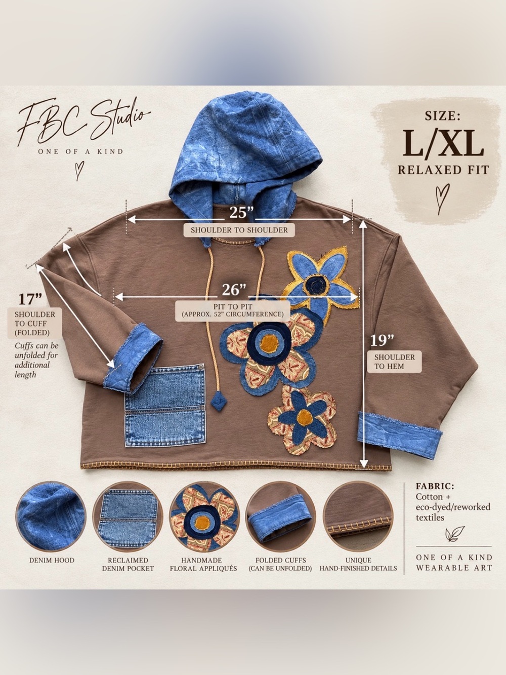 OOAK Handmade Upcycled Hoodie L/XL Eco Dyed Cotton Denim Patchwork Boho Floral - Picture 5 of 13